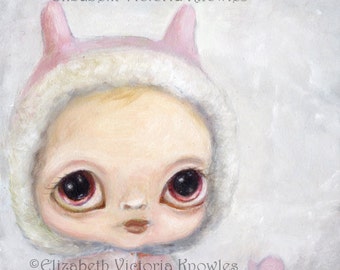 Big Eye Bunny Girl Winter Art Print, Pop Surrealism, Childrens Decor, Nursery wall Art, Snow Art, Matted Print