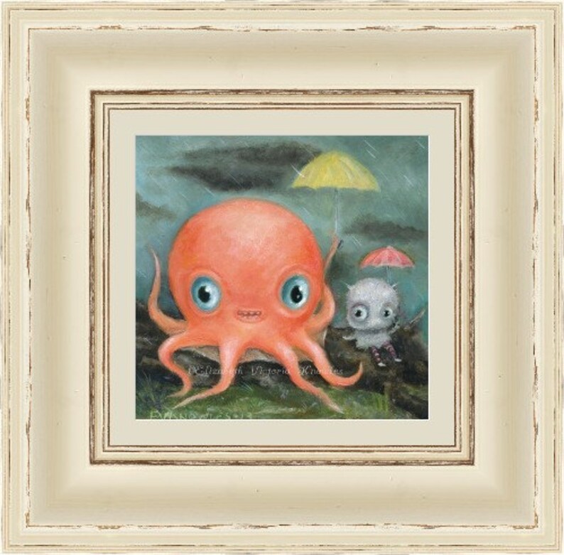 Leuke Octopus Print, Big Eye Art, Cute Monster Art, Matted Art Print, Griezelige Cute Nursery Art, Lowbrow Art, Pop Surrealisme, Vriendschap kunst afbeelding 3