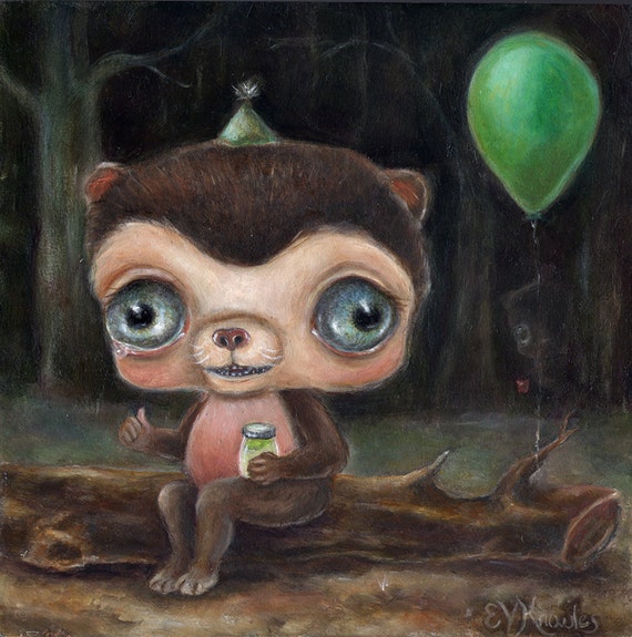 Sad Bear Birthday Party Print, Big Eye Art, Pickles, Matted Art Print, Creepy Cute Nursery Art, Lowbrow Art, Pop Surrealism, Friendship art