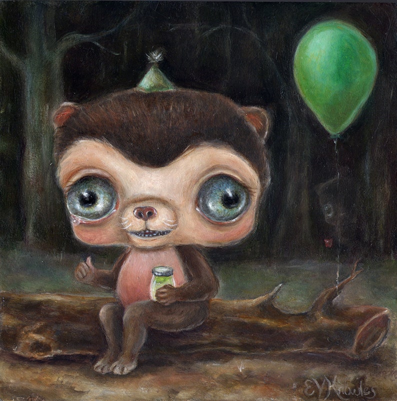 May include: A small, furry creature with large eyes and a party hat sits on a log in a dark forest. The creature is holding a small jar and has a tear rolling down its cheek. A green balloon floats in the background.