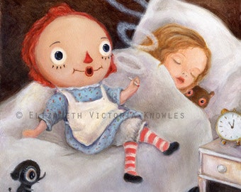 Arte della bambola Raggedy Ann fumante, stampa artistica divertente, pop surrealismo, arte lowbrow, arte stravagante, decorazioni per bambini, illustrazione artistica
