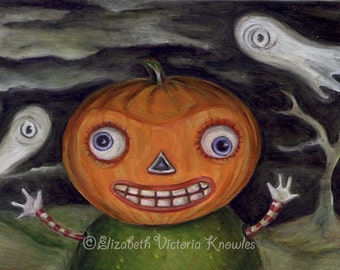 Vintage Halloween Art, Jack O Lantern Painting, Ghosts, Lowbrow Art Print, EVK