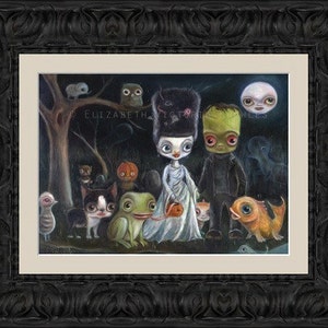 May include: A painting of a bride and groom dressed as Frankenstein's monster and his bride. They are surrounded by a group of other characters, including a frog, a cat, a bird, and a fish. The painting is set in a dark forest at night, with a full moon in the background. The painting is signed "C. Elizabeth Totwes".
