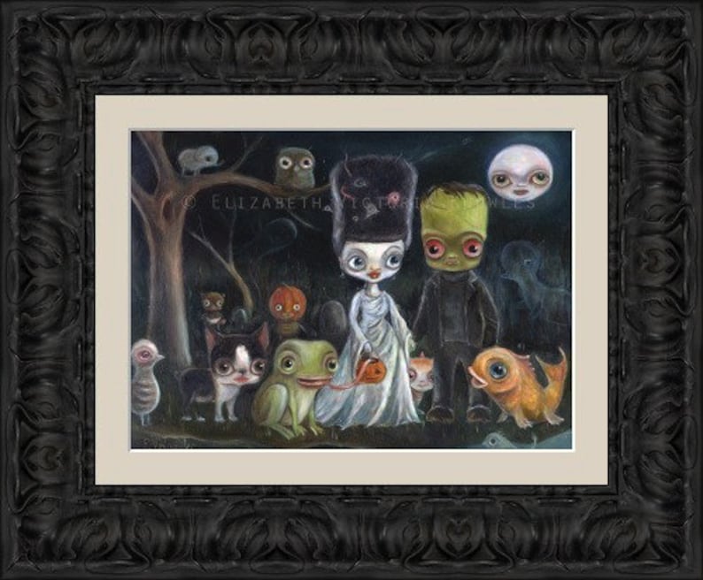 May include: A painting of a bride and groom dressed as Frankenstein's monster and his bride. They are surrounded by a group of other characters, including a frog, a cat, a bird, and a fish. The painting is set in a dark forest at night, with a full moon in the background. The painting is signed "C. Elizabeth Totwes".