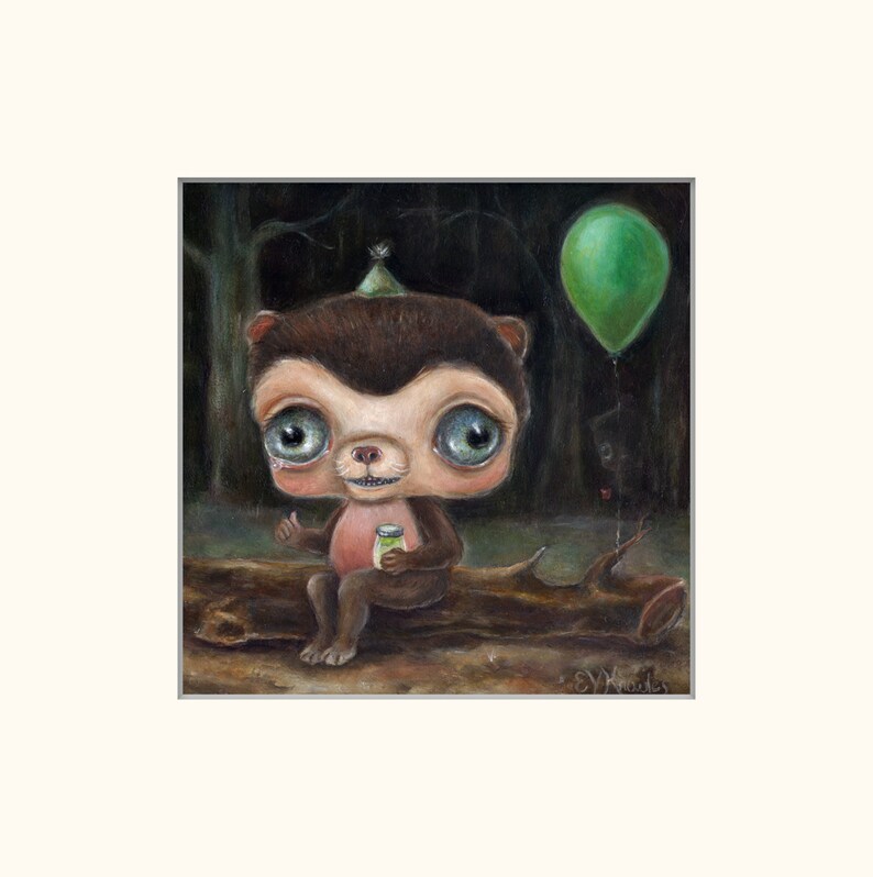 May include: A small, brown, furry creature with large blue eyes sits on a log in a dark forest. It wears a party hat and holds a green jar. A green balloon floats above the creature.