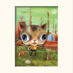 Cat Art Print, Star Trek Art, Captain Kirk, Big Eye Art, Dressed Animal Art, Retro Sci Fi Art, Pop Surrealism, Lowbrow Art, Matted Print image 2