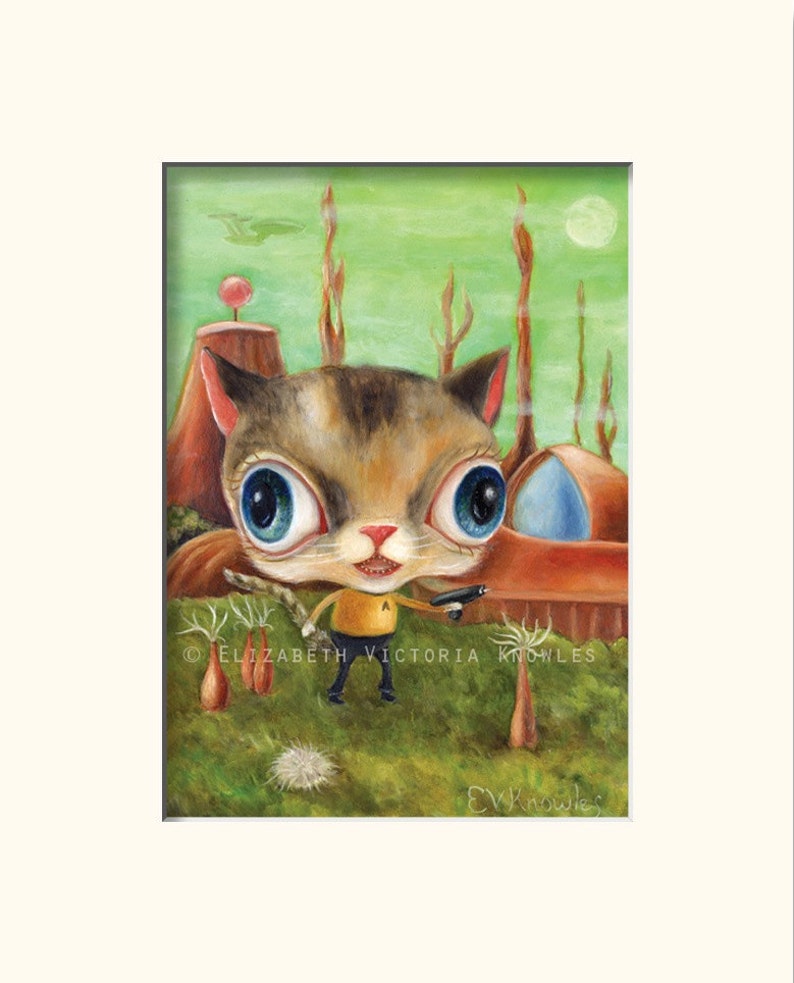 Cat Art Print, Star Trek Art, Captain Kirk, Big Eye Art, Dressed Animal Art, Retro Sci Fi Art, Pop Surrealism, Lowbrow Art, Matted Print image 2