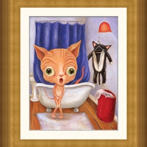 Big Eye Nude Sphinx Cat, Humorous Bathroom Decor, Sphynx Cat Art, Illustration, Funny Art, Wibbley World image 2