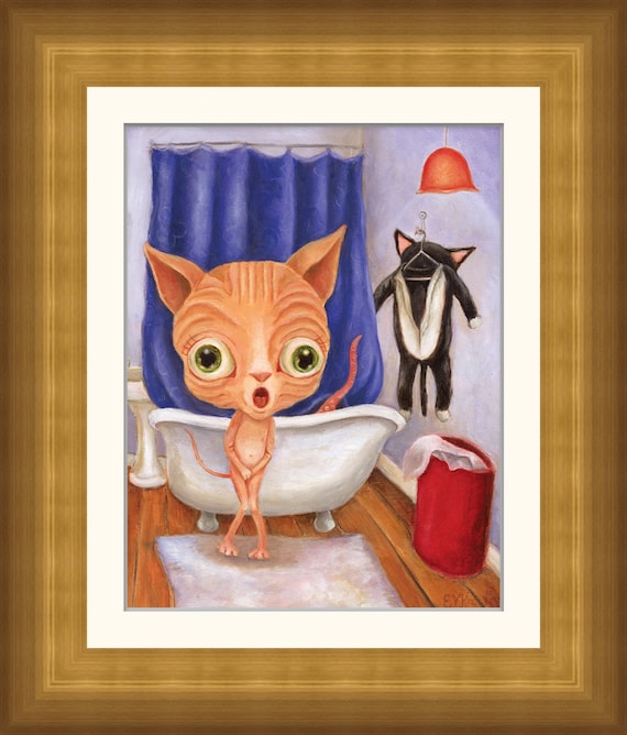 Big Eye Nude Sphinx Cat, Humorous Bathroom Decor, Sphynx Cat Art