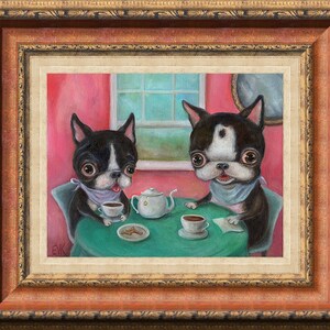 Boston Terrier Art Print, Dog Art Print, Tea Party, Pop Surrealism, Whimsical Art, Childrens wall art, nursery wall art, matted print image 2