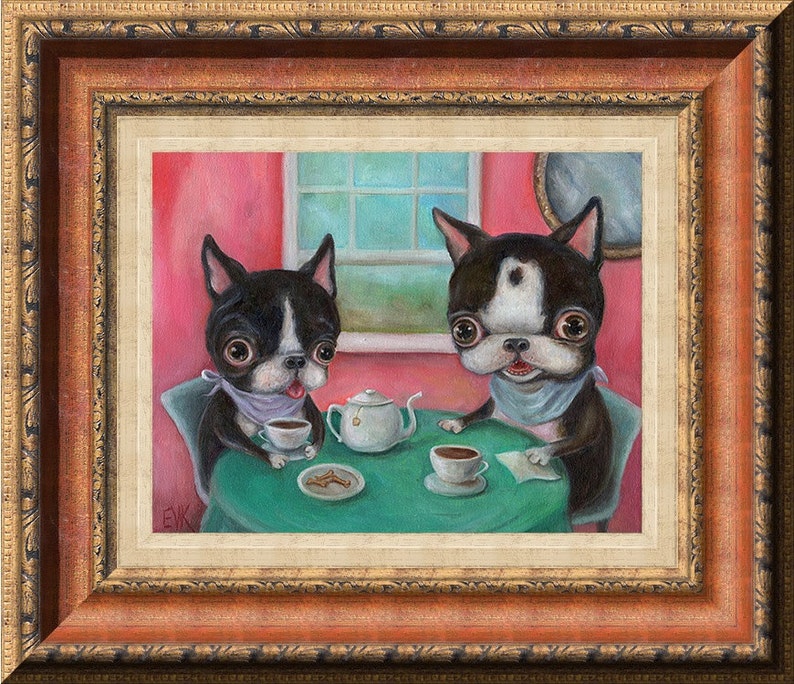 Boston Terrier Art Print, Dog Art Print, Tea Party, Pop Surrealism, Whimsical Art, Childrens wall art, nursery wall art, matted print image 2