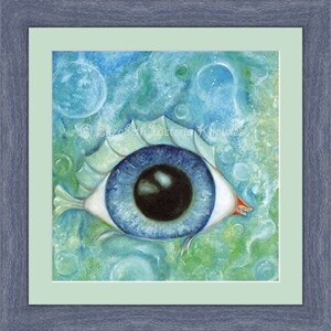 Surreal Eyeball Fish, Big Eye Art Print, Lowbrow Art, Pop Surrealism, Blue, EVK, Print Size Options Available image 2