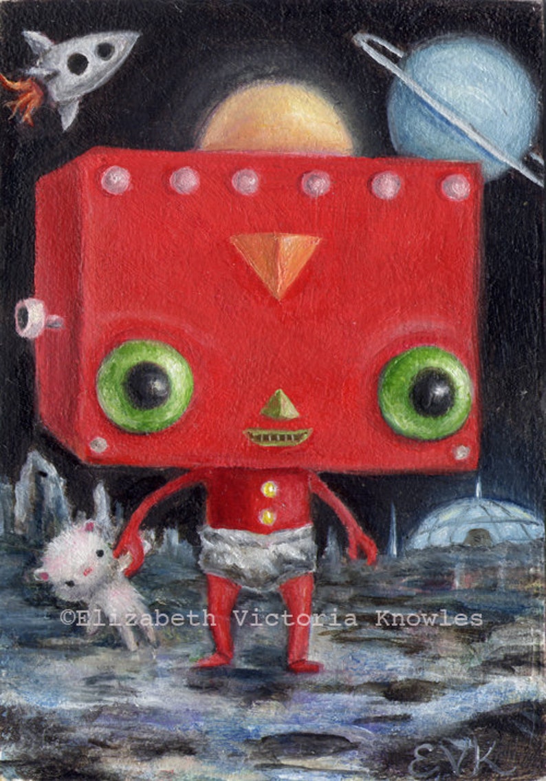 Baby Robot Art Retro Sci Fi, Big Eye Art, Childrens Art, Pop Surrealism, Whimsical Art Illustration Print, Nursery DecorWibbley World image 1