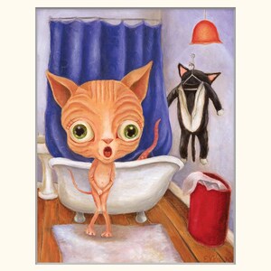 Big Eye Nude Sphinx Cat, Humorous Bathroom Decor, Sphynx Cat Art, Illustration, Funny Art, Wibbley World image 3