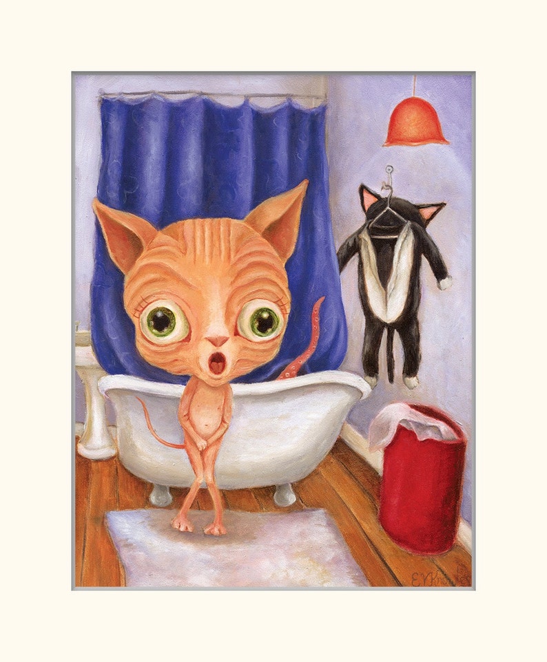 Big Eye Nude Sphinx Cat, Humorous Bathroom Decor, Sphynx Cat Art, Illustration, Funny Art, Wibbley World image 3