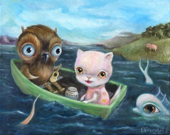 Owl and the Pussycat, Surreal Big Eye Art Print,  Sweet Children's Illustration, Friendship Art Print,  size options available