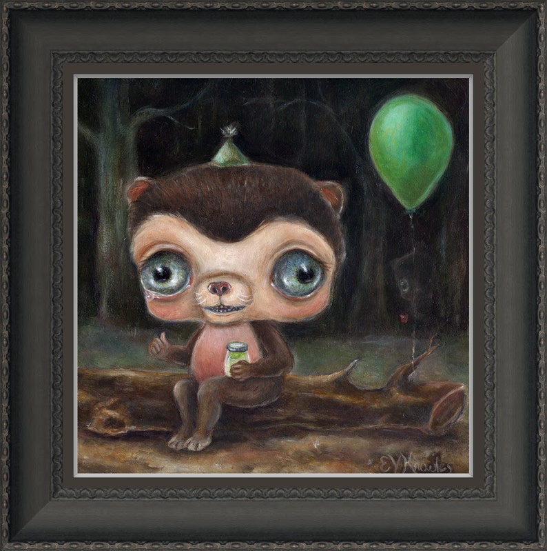 May include: A small, furry creature with large eyes and a party hat sits on a log in a dark forest. The creature is holding a small jar and a green balloon is floating above it.