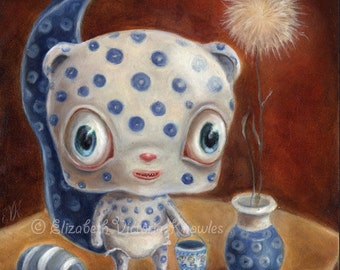 Polish Pottery Chipmunk Still Life, Big Eye Art,  Creepy Cute & Funny Surreal Art Print,  KNOWLES, Size Options Available