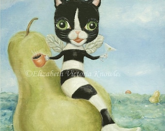 Surreal Big Eye Cat  Mermaid Art, Fairy, Ocean, Pear, Blue Green, EVK, Print Size Options Available