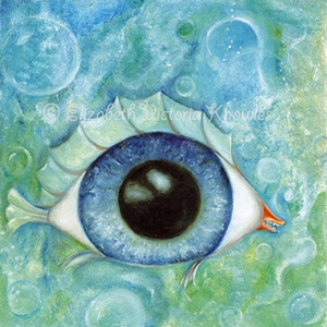Surreal Eyeball Fish, Big Eye Art Print, Lowbrow Art, Pop Surrealism, Blue, EVK, Print Size Options Available image 1