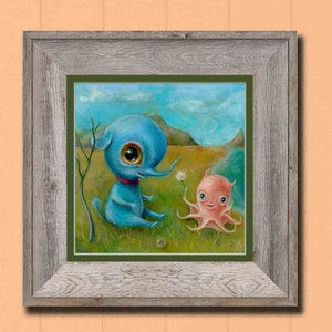 Blue Baby Elephant & Octopus Print, Creepy Cute Nursery Art, Lowbrow Pop Surrealism image 3