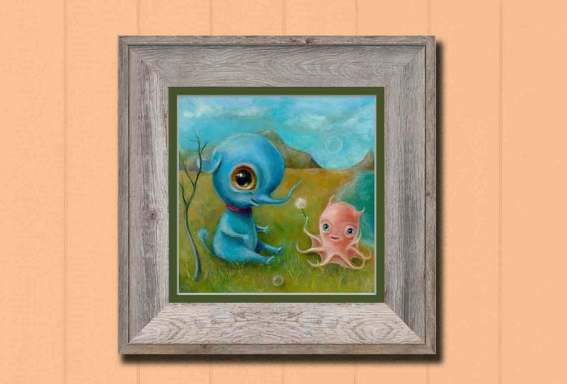 Blue Baby Elephant & Octopus Print, Creepy Cute Nursery Art, Lowbrow Pop Surrealism image 3