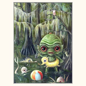 Baby Creature From the Black Lagoon Print, Swimming Swamp Monsters Pop Surrealism, Lowbrow Children's Decor, Nursery Art image 3