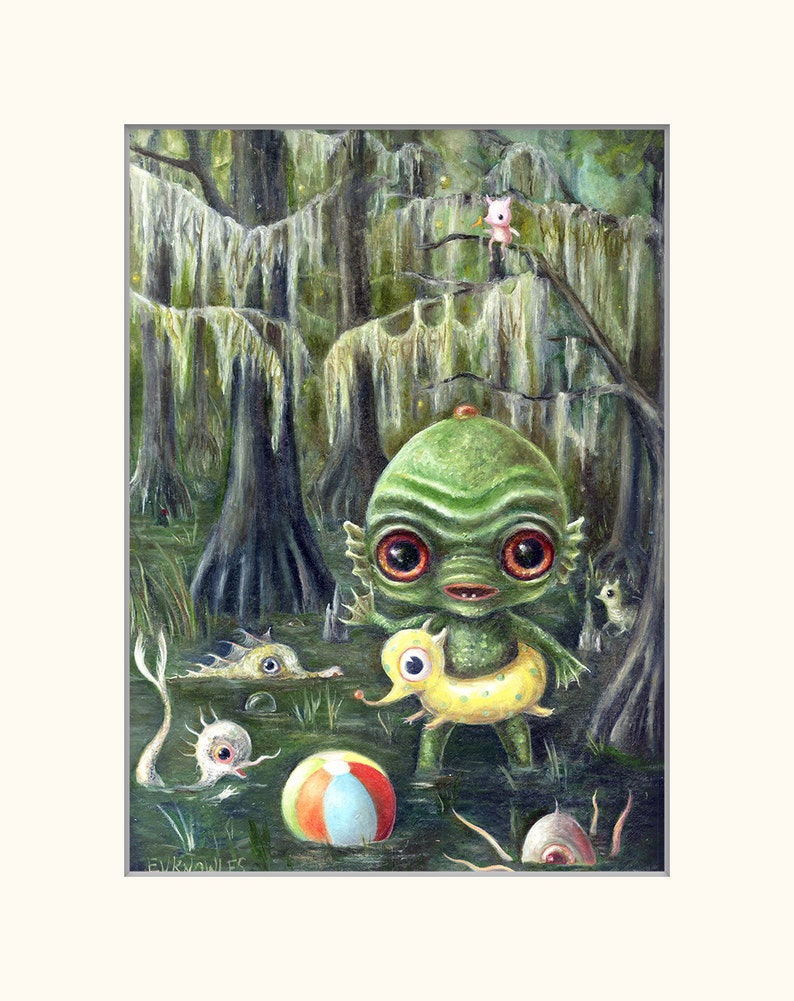 Baby Creature From the Black Lagoon Print, Swimming Swamp Monsters Pop Surrealism, Lowbrow Children's Decor, Nursery Art image 3