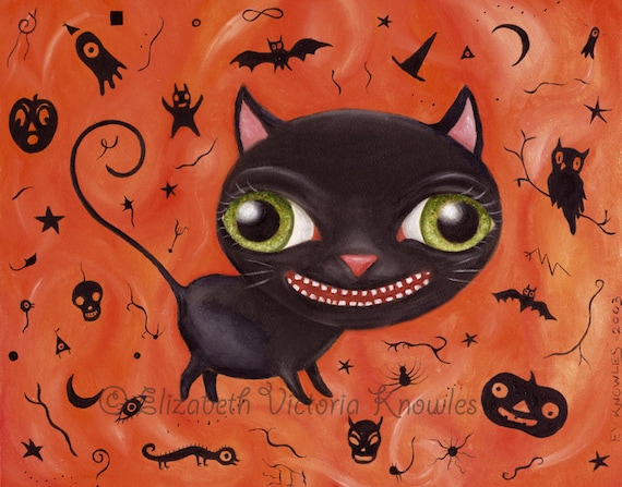 Vintage Halloween Black Cat Art, Pop Surrealism, Big Eye Art Print, Whimsical Painting, Silhouette, Holiday Decor, Surreal, Wibbley World