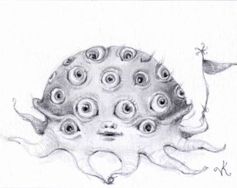 Lindo espacio extraterrestre Eyeball Monster Art, Funny Pop Surrealism Sci Fi Illustration, Miniature ACEO Print de original Graphite Drawing