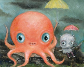 Cute Octopus Print, Big Eye Art, Cute Monster Art, Matted Art Print, Creepy Cute Nursery Art, Lowbrow Art, Pop Surrealism, Friendship art