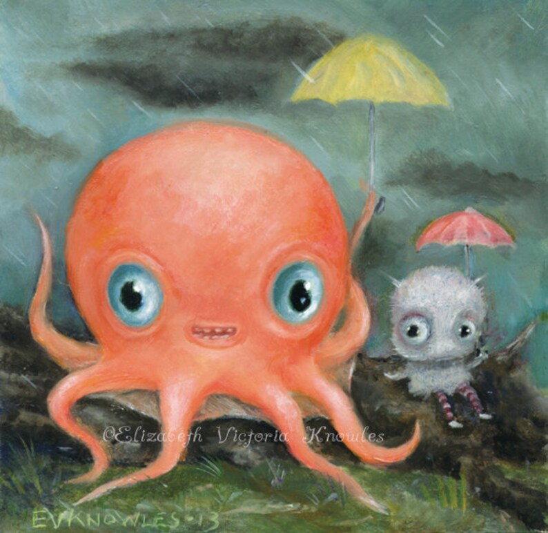 Leuke Octopus Print, Big Eye Art, Cute Monster Art, Matted Art Print, Griezelige Cute Nursery Art, Lowbrow Art, Pop Surrealisme, Vriendschap kunst afbeelding 1