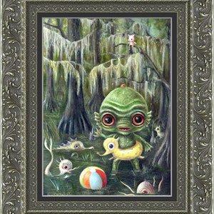 Baby Creature From the Black Lagoon Print, Swimming Swamp Monsters Pop Surrealism, Lowbrow Children's Decor, Nursery Art image 2