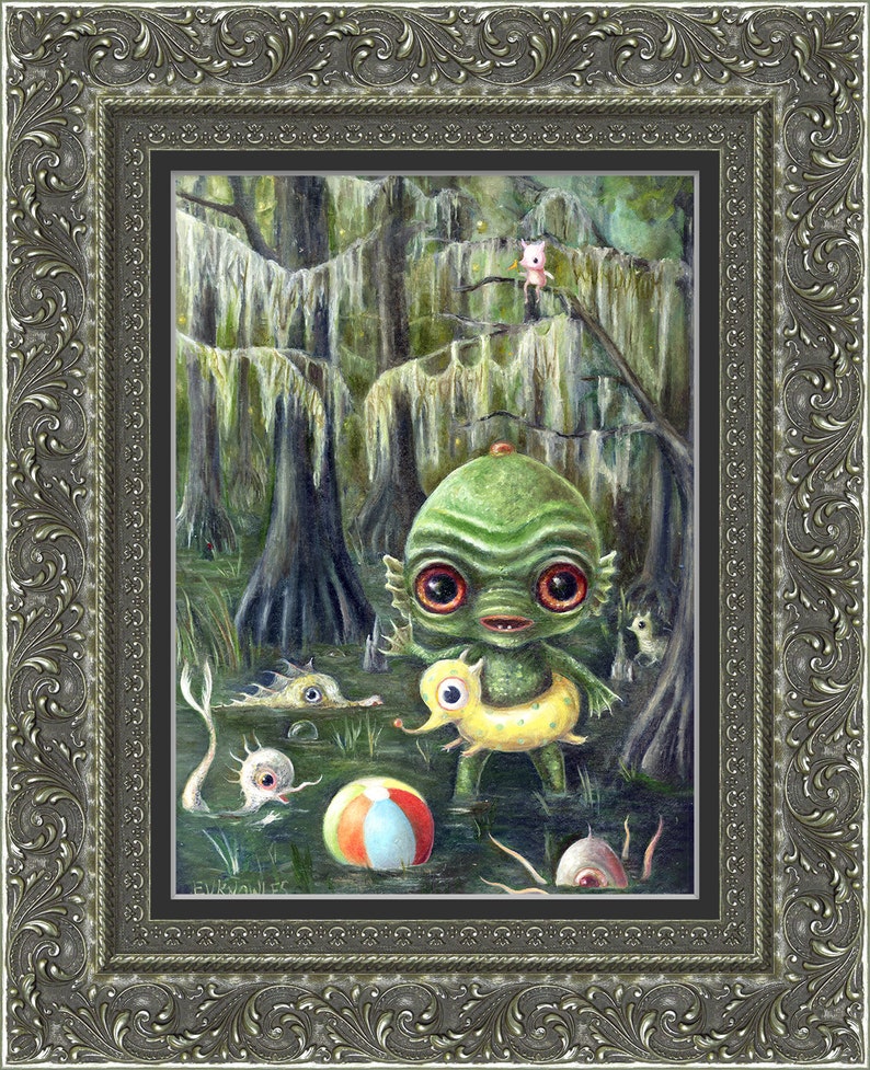 Baby Creature From the Black Lagoon Print, Swimming Swamp Monsters Pop Surrealism, Lowbrow Children's Decor, Nursery Art image 2