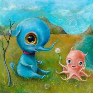 Blue Baby Elephant & Octopus Print, Creepy Cute Nursery Art, Lowbrow Pop Surrealism image 1