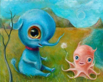 Blue Baby Elephant & Octopus Print, Creepy Cute Nursery Art, Lowbrow Pop Surrealism