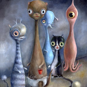 Strange Art Print of Funhouse Mirror Animals, Pop Surrealism, Lowbrow Art, Big Eye Art Print with Cat, Squid, Elephant image 1