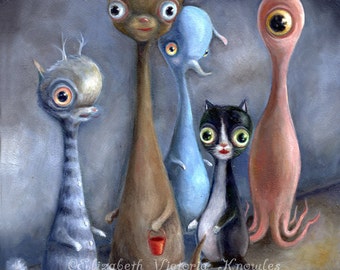 Strange Art Print of Funhouse Mirror Animals, Pop Surrealism, Lowbrow Art, Big Eye Art Print with Cat, Squid, Elephant