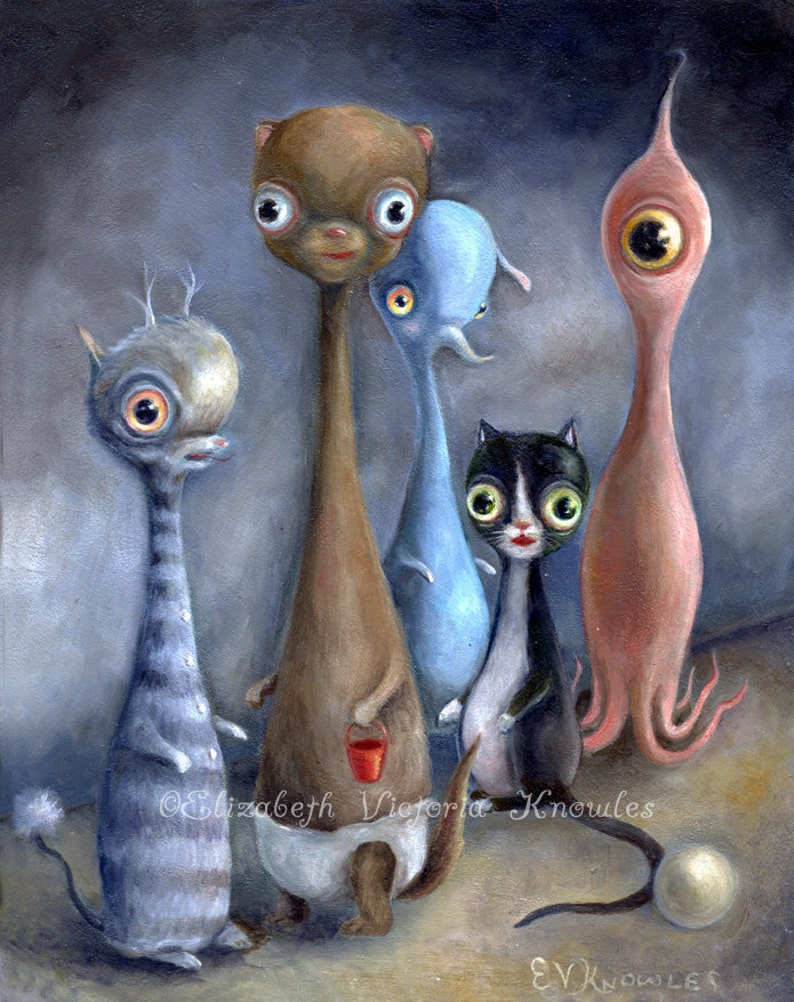 Strange Art Print of Funhouse Mirror Animals, Pop Surrealism, Lowbrow Art, Big Eye Art Print with Cat, Squid, Elephant image 1