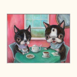 Boston Terrier Art Print, Dog Art Print, Tea Party, Pop Surrealism, Whimsical Art, Childrens wall art, nursery wall art, matted print image 3