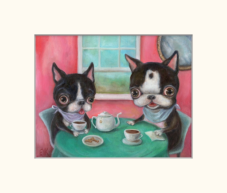 Boston Terrier Art Print, Dog Art Print, Tea Party, Pop Surrealism, Whimsical Art, Childrens wall art, nursery wall art, matted print image 3