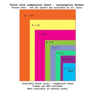 May include: A chart showing different print sizes available for purchase. The chart is made up of rectangles of different colors, each with a size listed in inches. The sizes are 11 x 14, 9 x 12, 8 x 10, 6 x 8, 5 x 7, 4 x 6, 3 x 5, and 2.5 x 3.5. The smallest size is labeled "ACEO". The text at the bottom of the chart reads "Available print sizes - comparison chart. Frames are NOT included. Mats available in certain sizes."