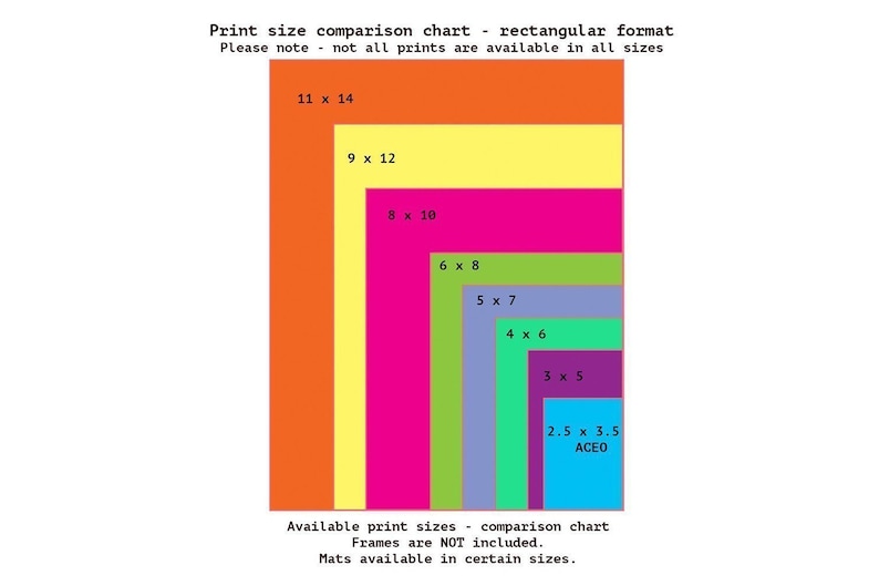 May include: A chart showing different print sizes available for purchase. The chart is made up of rectangles of different colors, each with a size listed in inches. The sizes are 11 x 14, 9 x 12, 8 x 10, 6 x 8, 5 x 7, 4 x 6, 3 x 5, and 2.5 x 3.5. The smallest size is labeled "ACEO". The text at the bottom of the chart reads "Available print sizes - comparison chart. Frames are NOT included. Mats available in certain sizes."
