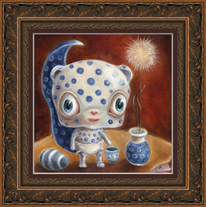 May include: A whimsical painting of a blue and white spotted creature with a blue tail, holding a blue bucket. The creature is standing on a table with a blue and white patterned vase and a white flower.