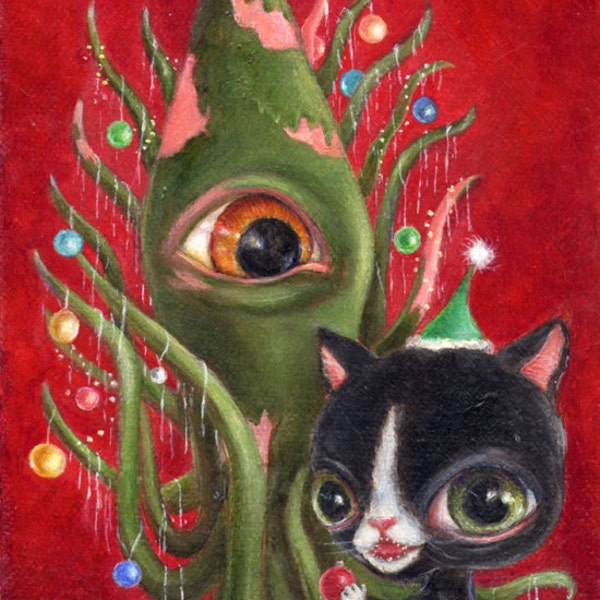 Cat Art Print, Squid Art, Pop Surrealism, Christmas Art,  Lowbrow Art Print, Funny Animal Art, Tuxedo Cat Art, Xmas Art Print Christmas Tree