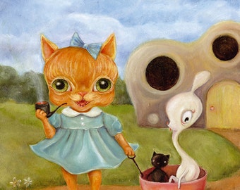 Big Eye Pipe Smoking Dressed Orange Cat print, cute monsters, Pop Surrealism, Childrens art