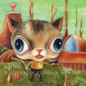 Cat Art Print, Star Trek Art, Captain Kirk, Big Eye Art, Dressed Animal Art, Retro Sci Fi Art, Pop Surrealism, Lowbrow Art, Matted Print image 1