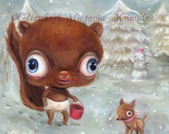 Surreal Winter Scene, Big Eye Chipmunk, Lowbrow Art Print, Creepy Cute, Pop Surrealism, EVK