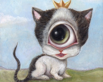 Big Eye Cylops Cat Art Print, Surreal Lowbrow Art, One eyed Cat, Pop Surrealism, Whimsical Art, Cat Illustration, Giclee Print, Weird Art