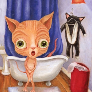 Big Eye Nude Sphinx Cat, Humorous Bathroom Decor, Sphynx Cat Art, Illustration, Funny Art, Wibbley World image 1